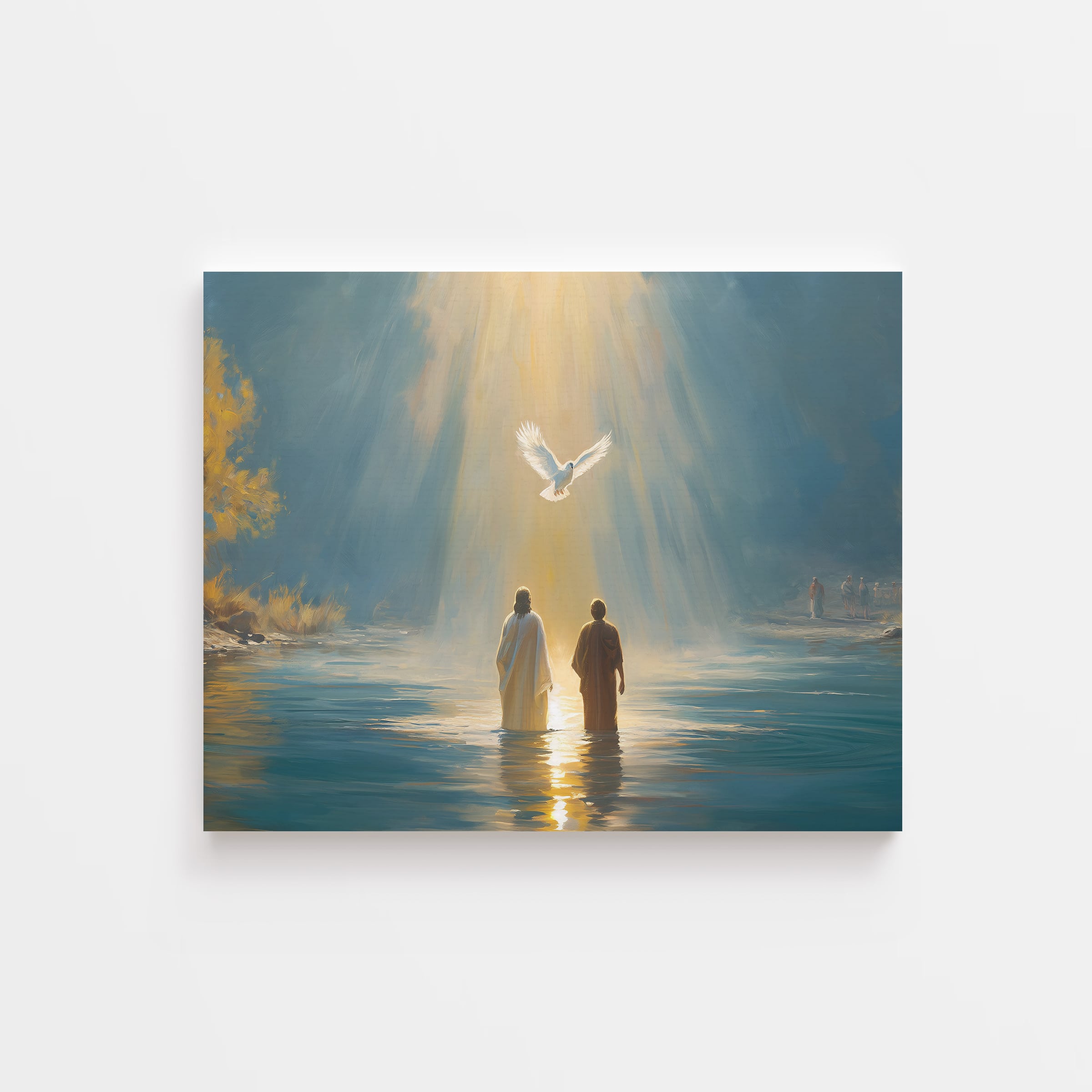 Christian canvas print of Jesus being baptized with dove descending – faith wall art symbolizing Holy Spirit and new beginning