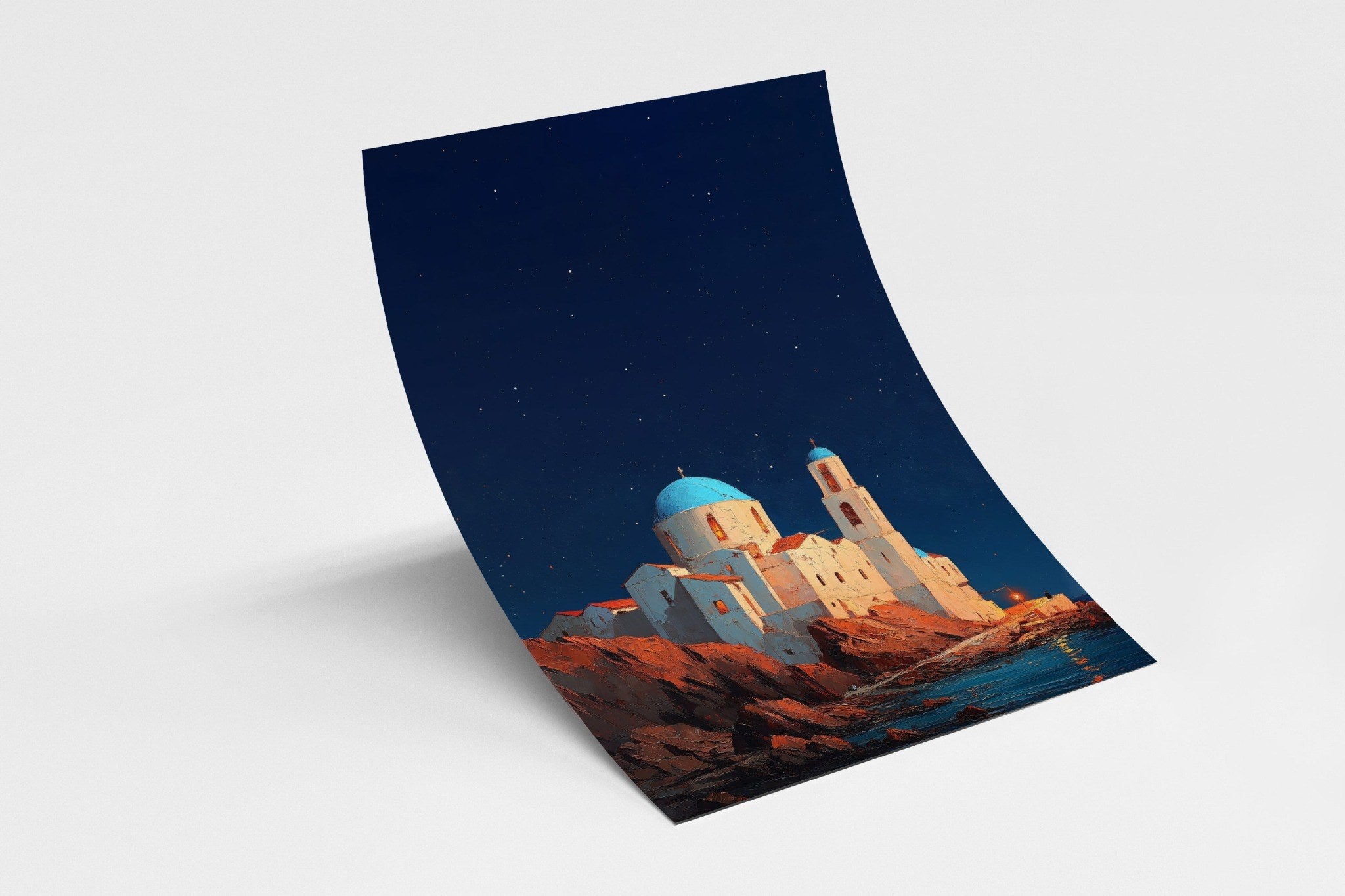 Nighttime painting of a Greek church with blue domes under a starry sky, symbolizing peace and faith – Christian wall art by Faith Worldwide.
